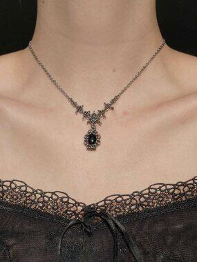 Gothic black onyx and silver chainmail choker necklace